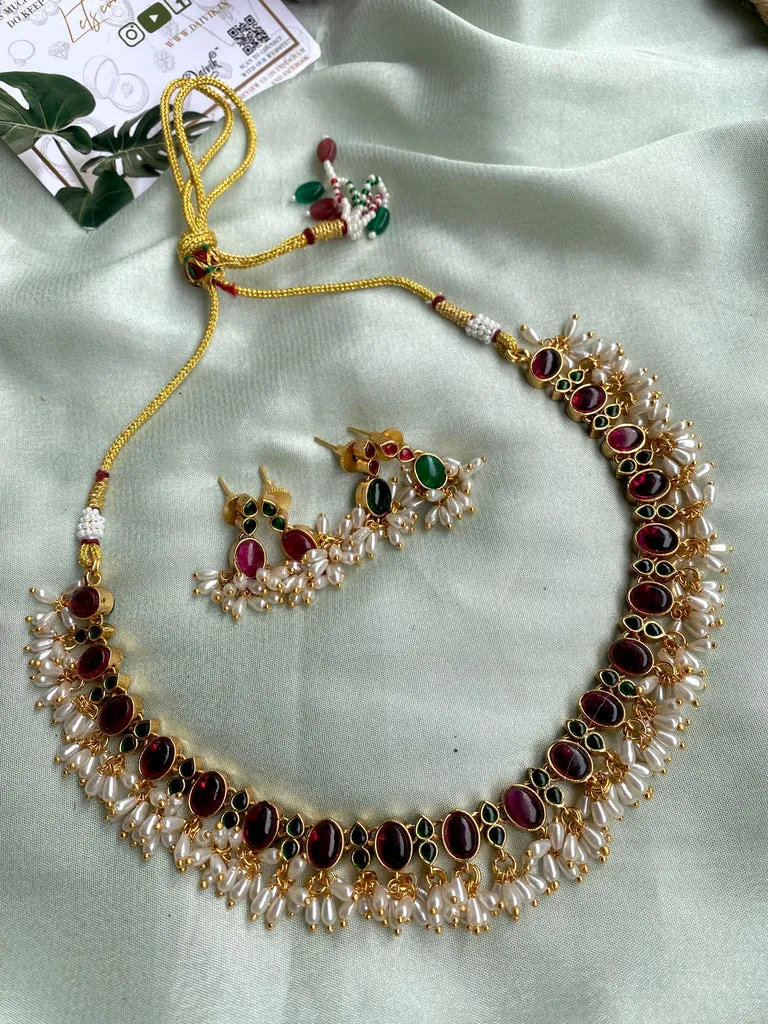 Reversible Ruby and Green Line Pearl Necklace with 2 earrings
